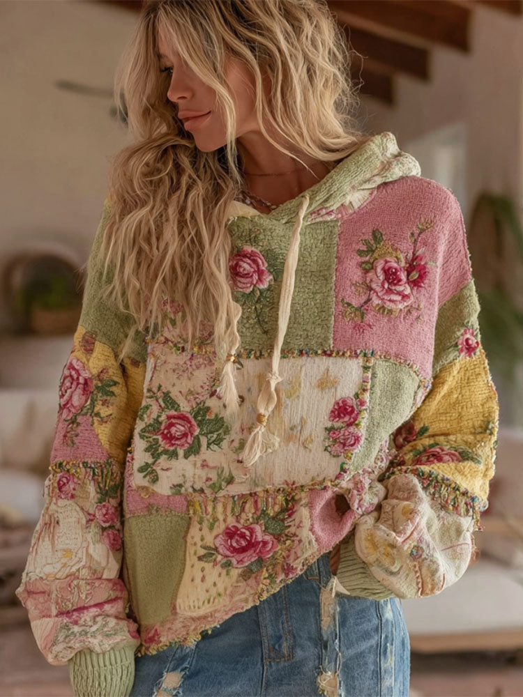Women's Vintage Floral Patchwork Art Knit Jacquard Hooded Sweater