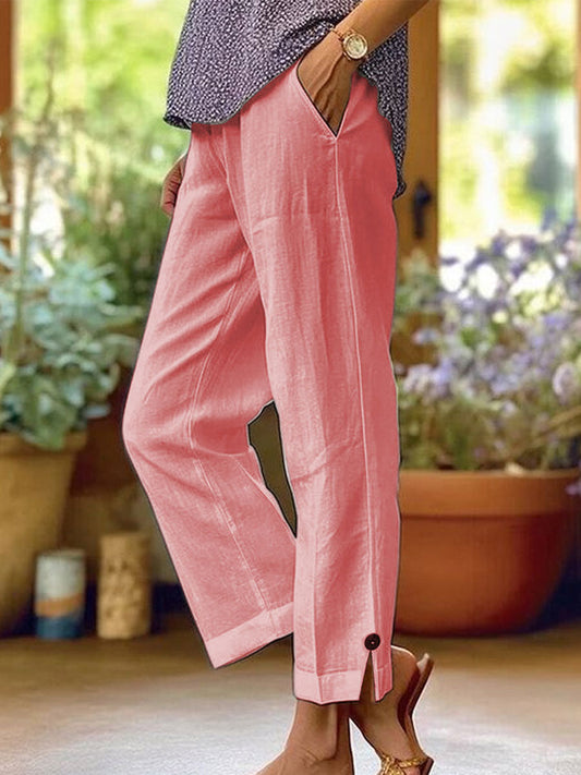 Women's Cotton-linen Solid Color Elastic Waist Pockets Straight Leg Loose-fit Casual Trousers
