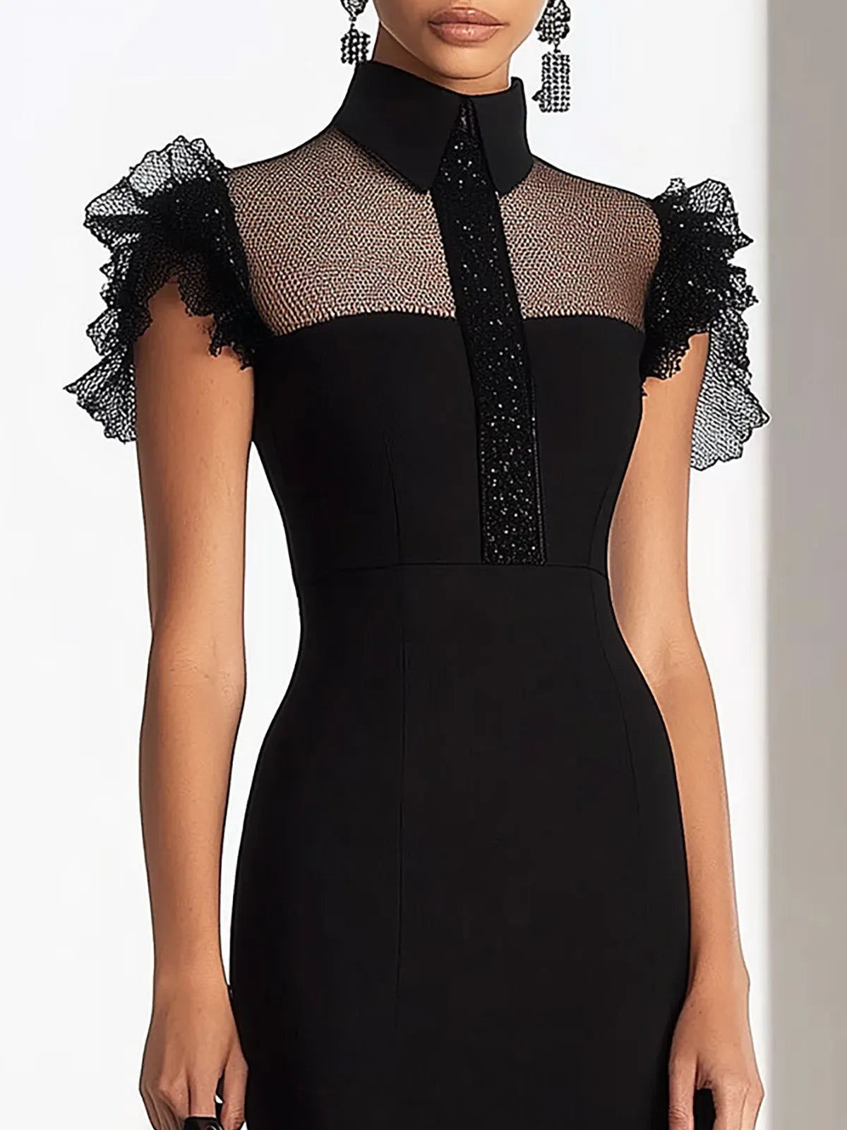 Elegant Black Sheath Dress with Neckline Mesh Detail