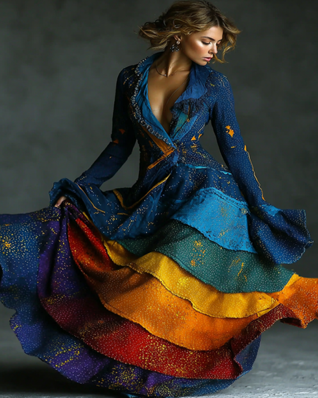 Women's fashionable bright rainbow tie-dyed cotton and linen dress 4585