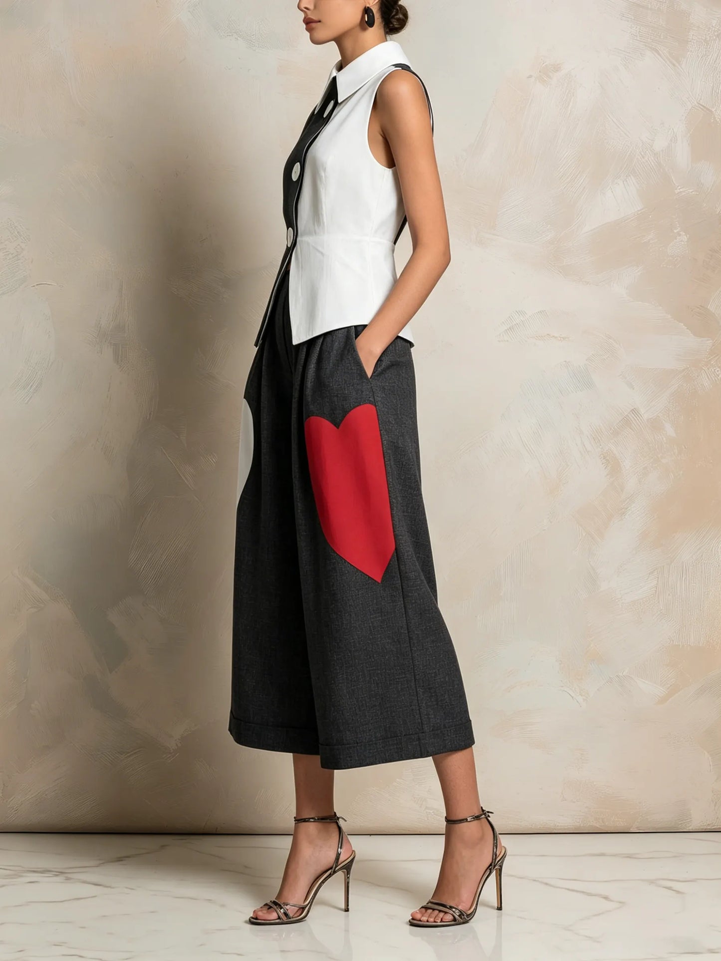 Color-Block Heart Patch Vest & Culottes Set