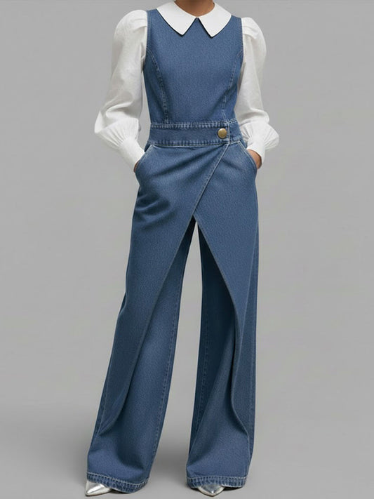 Women's Relaxed Round Neck Sleeveless Casual Loose Denim Wide-leg Jumpsuit
