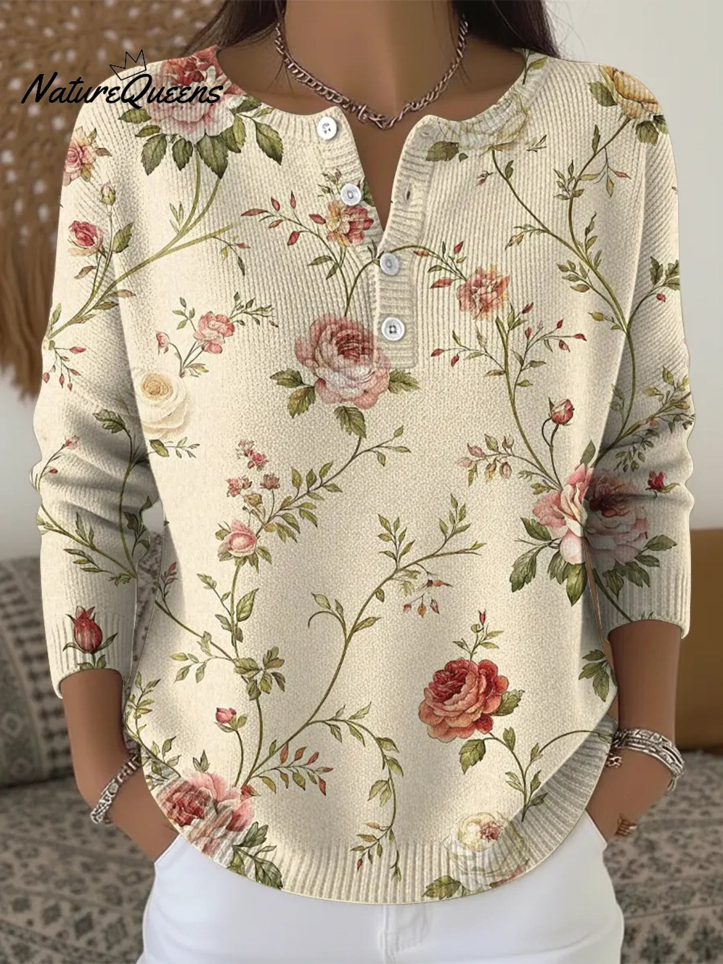 Women's Vintage Floral Print Casual Sweater