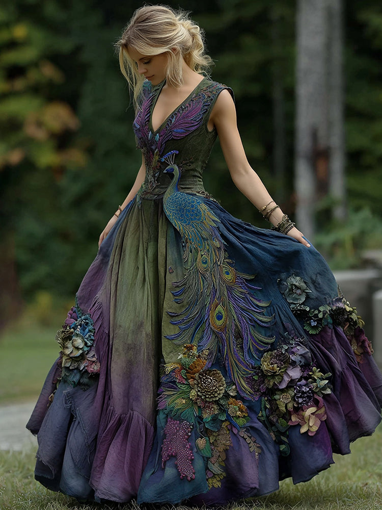 Vintage Classy Gradient Purple Peacock And Floral Embroidered Sleeveless V Neck Maxi Dress