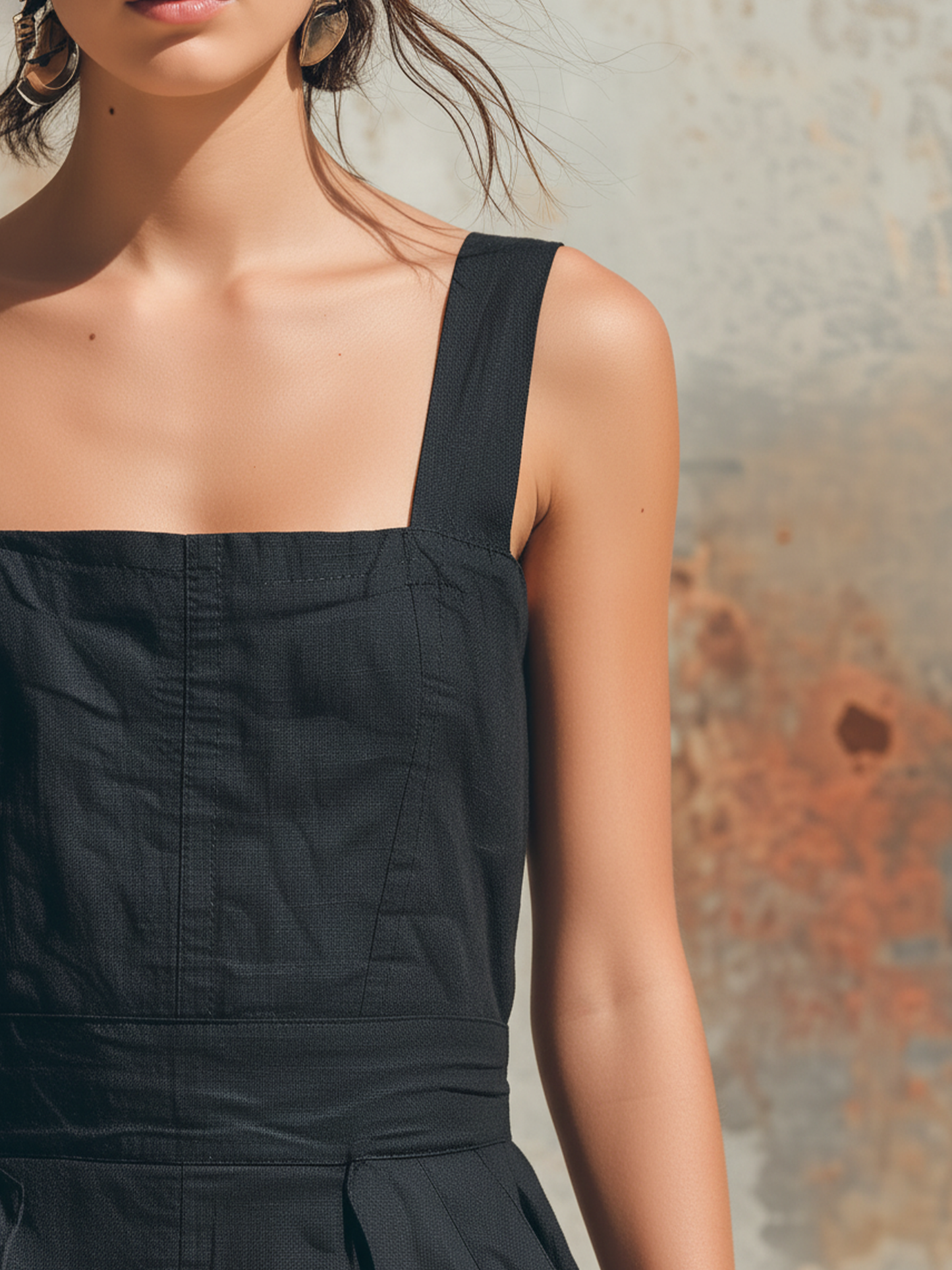 Black Linen-Blend Square Neck Utility Pocket Wide-Leg Jumpsuit