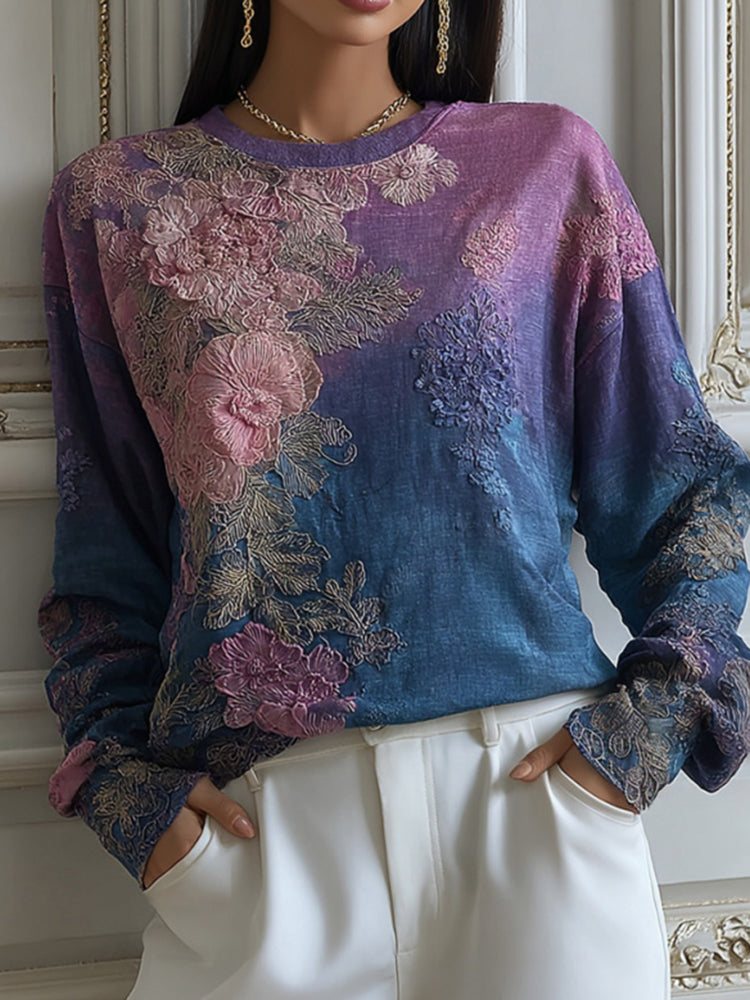 Women's Floral Embroidered Round Neck Comfortable Top
