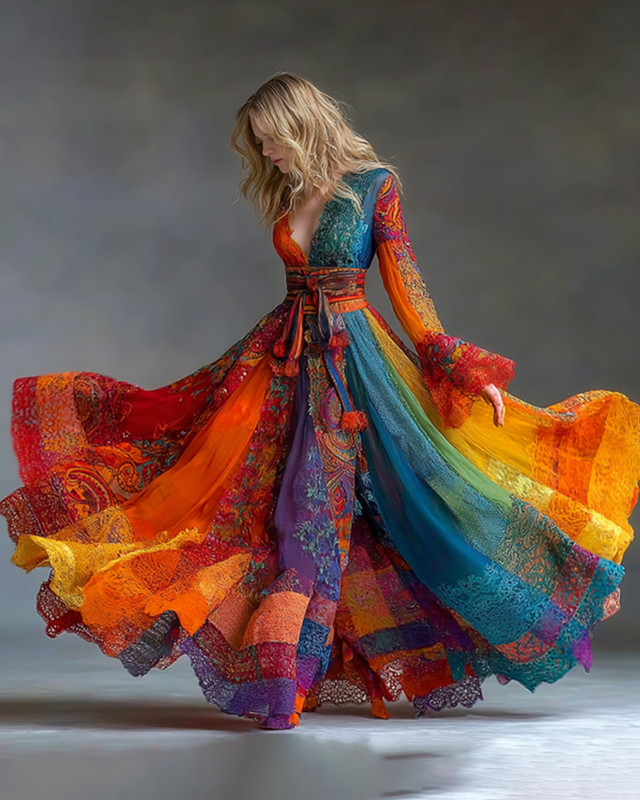 Women's fashionable bright rainbow tie-dyed cotton and linen dress 2189
