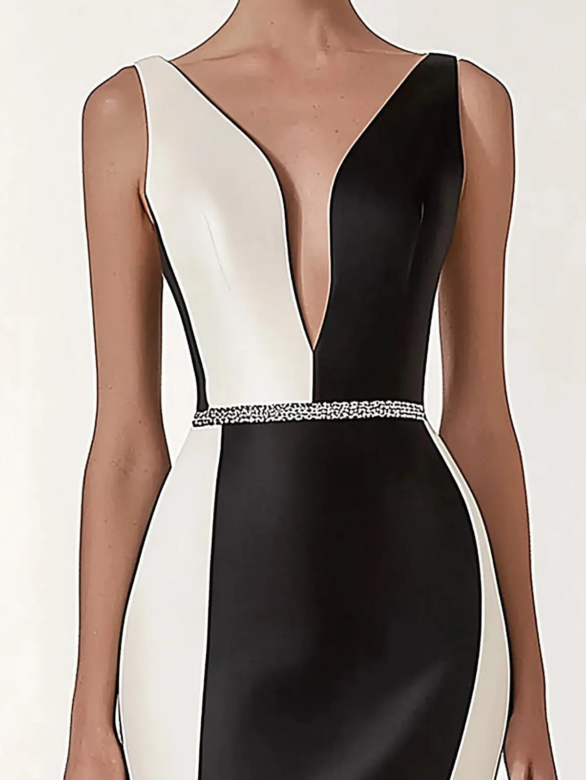 Black and White Satin Dress with Crystal Waist Detail