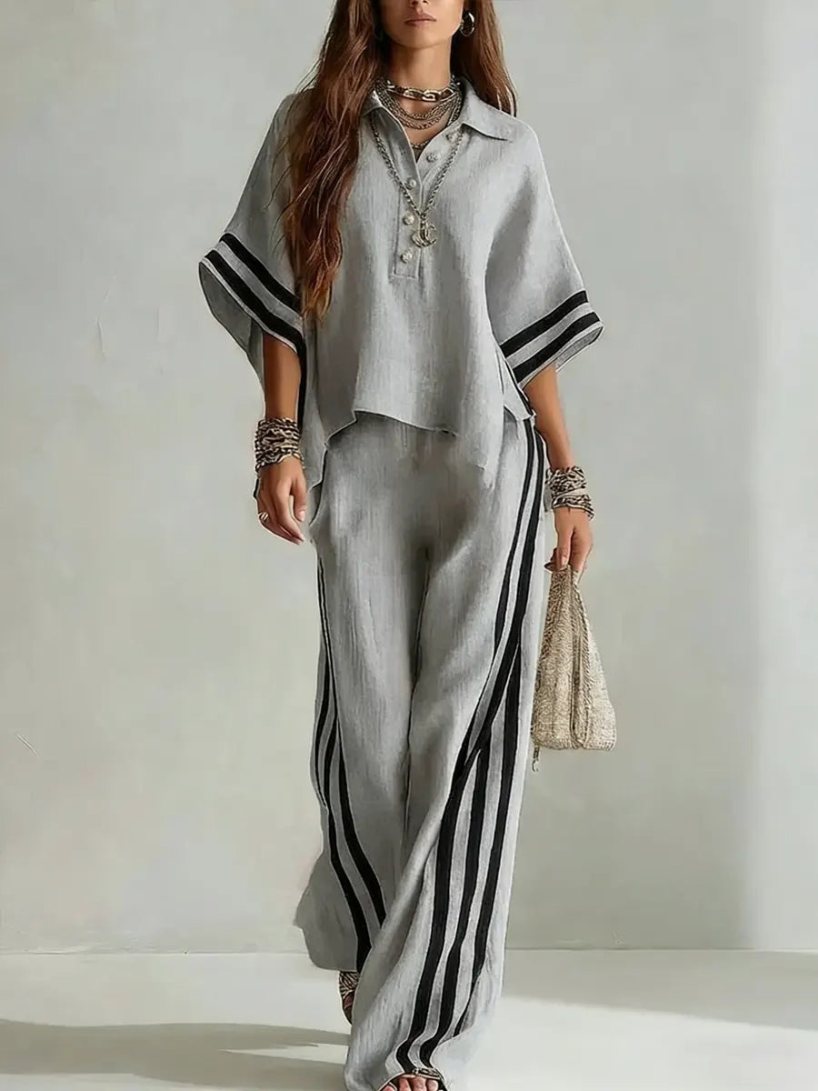 Women's Simple Polo Collar Line-decorated Cotton-linen Set