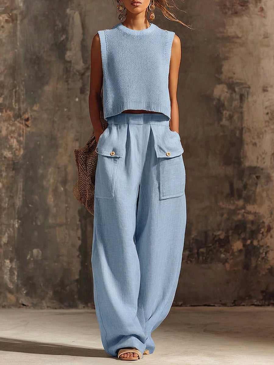 Casual Cargo Pockets Cotton-linen Wide-leg Pants