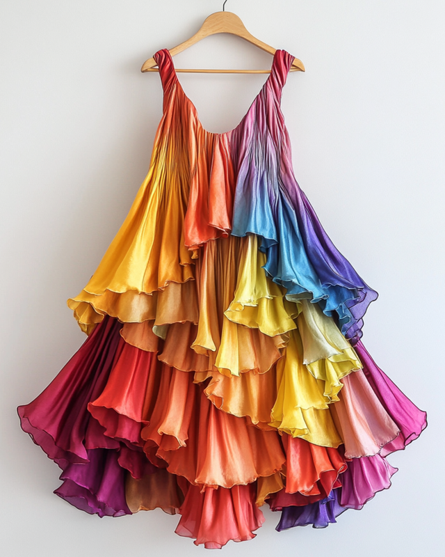 Summer Rainbow Satin Stitching Ruffle Sleeveless Dress e2c4