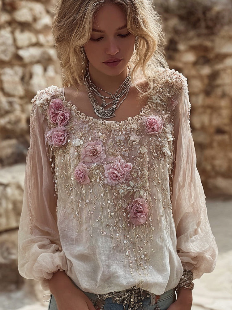 Vintage Pink Flowers Embroidered Long Sleeve Linen Tunic