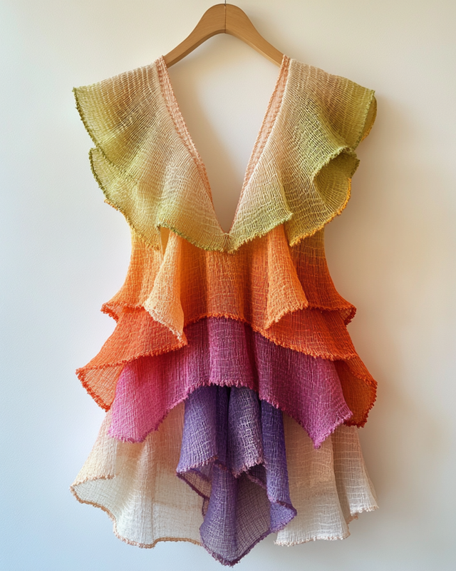 Summer Rainbow Grid Linen Irregular Ruffle Top 72b3