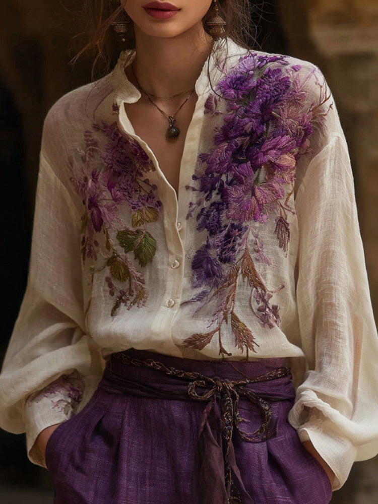 Women's Bohemian Floral Embroidered Linen Shirt