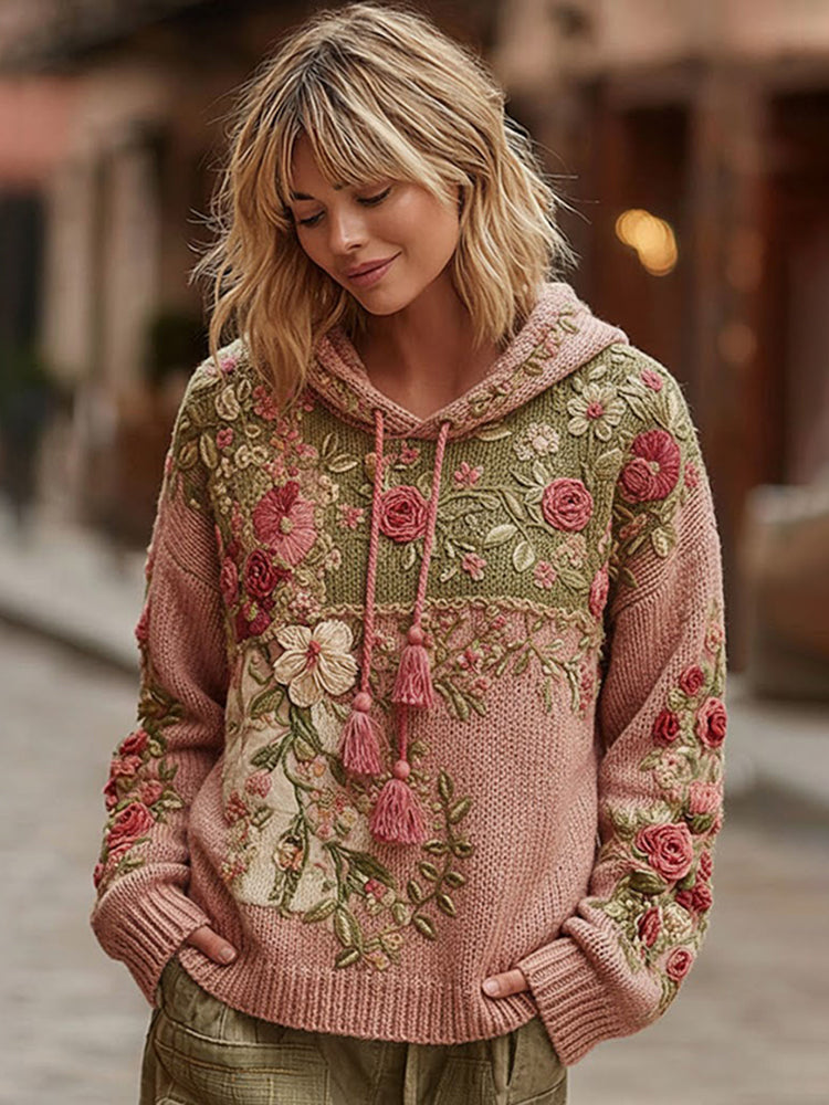 Women's Vintage Rose Floral Patchwork Cozy Knit Sweater Hooded