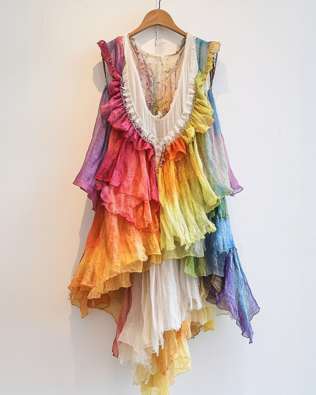 Summer Rainbow Stitching Ruffle Sleeveless Dress 6bb1