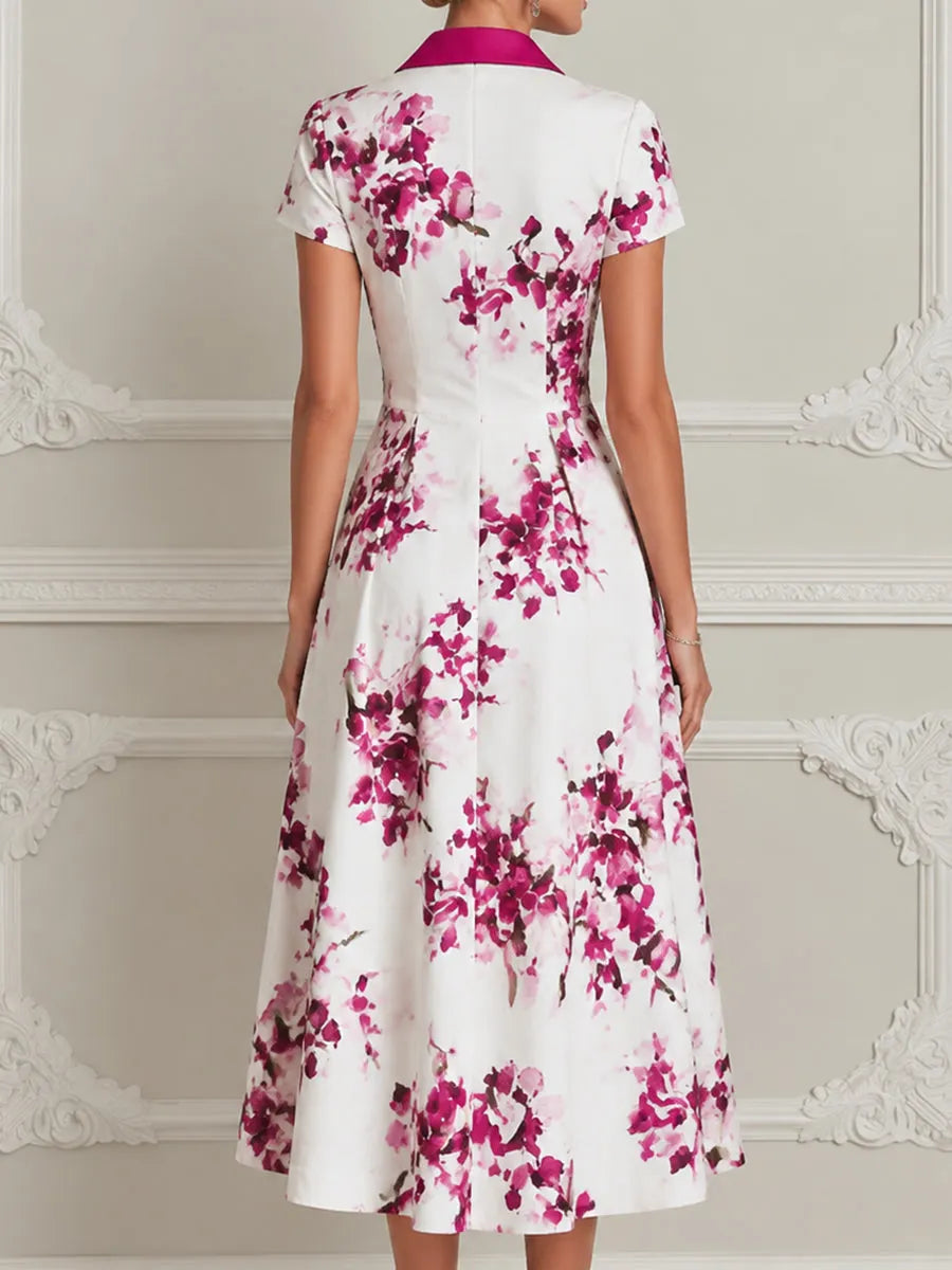 Elegant Floral Shirt Collar Midi Dress
