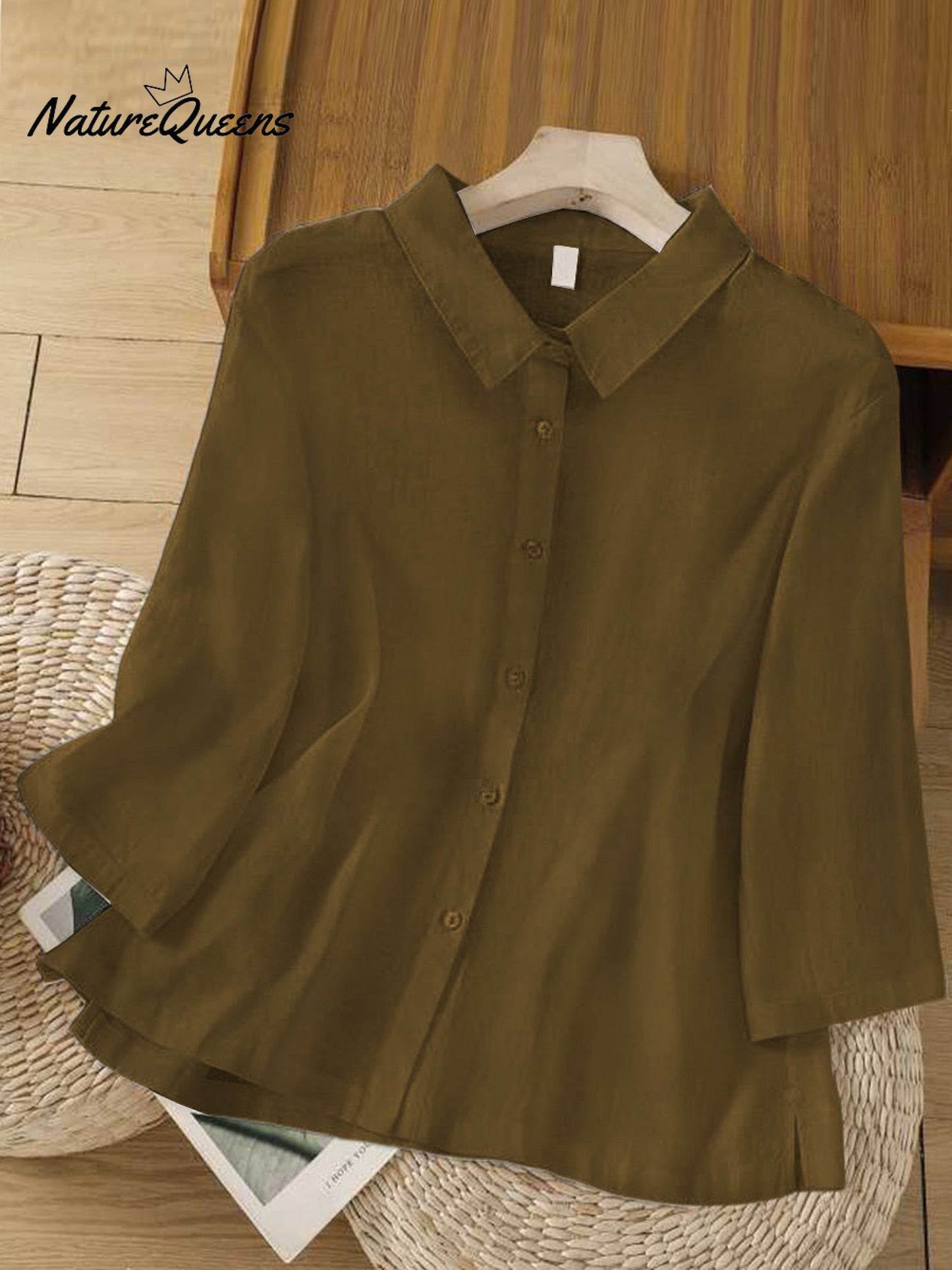 Women's Solid Color Lapel 3/4 Sleeves Casual Linen Shirt