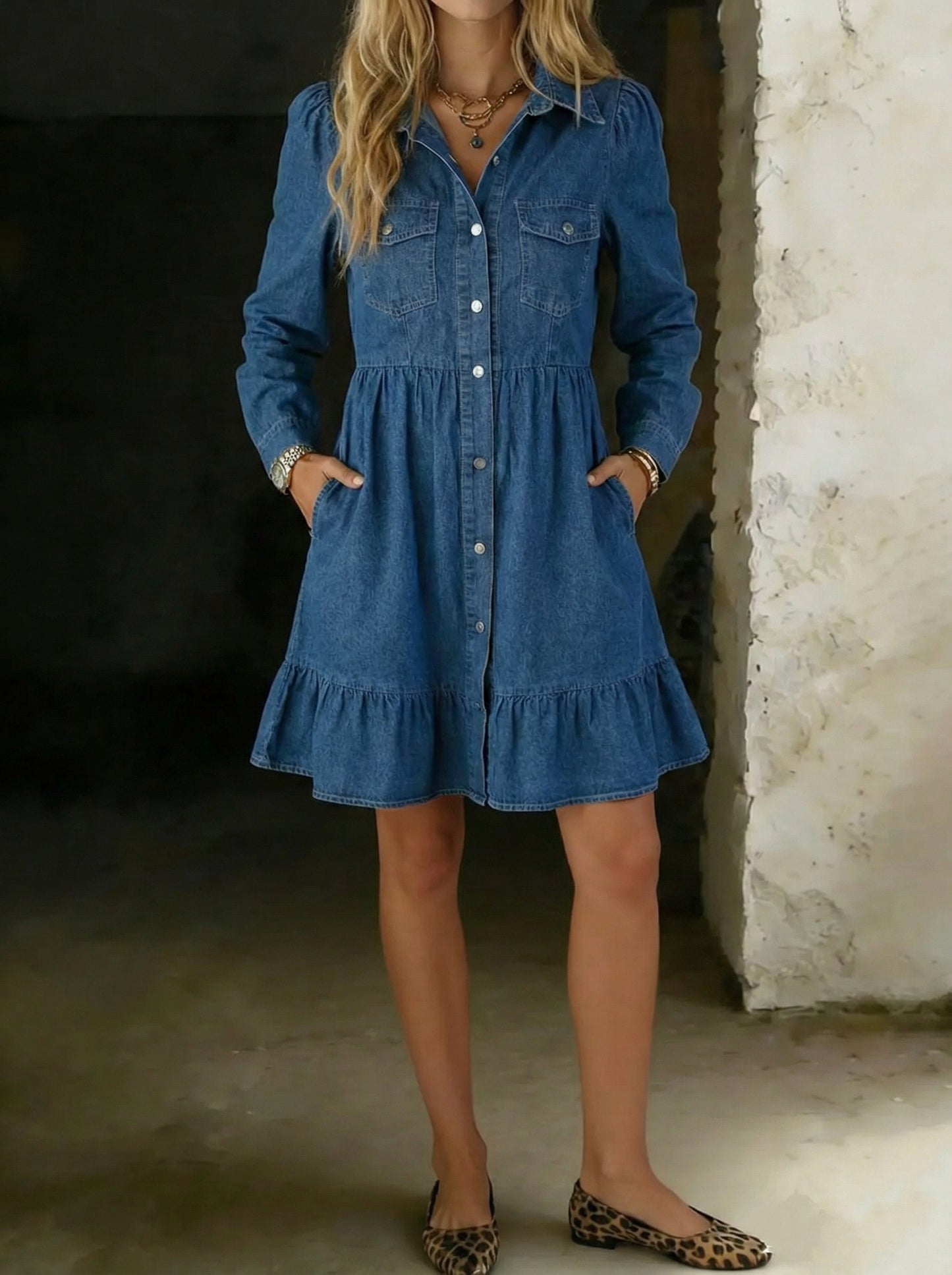 Women's Fashion Design Flowy Denim Dress Lapel Long Puff Sleeve Button Down A Line Swing Ruffle Jean