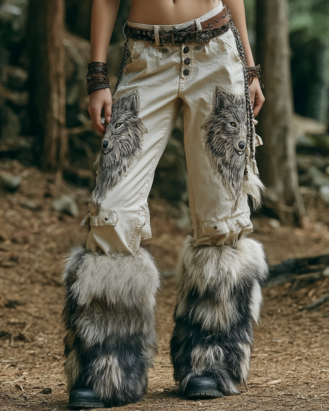 Women's Spring Viking-Inspired Embroidered Faux Fur Patchwork Design Trousers 9405