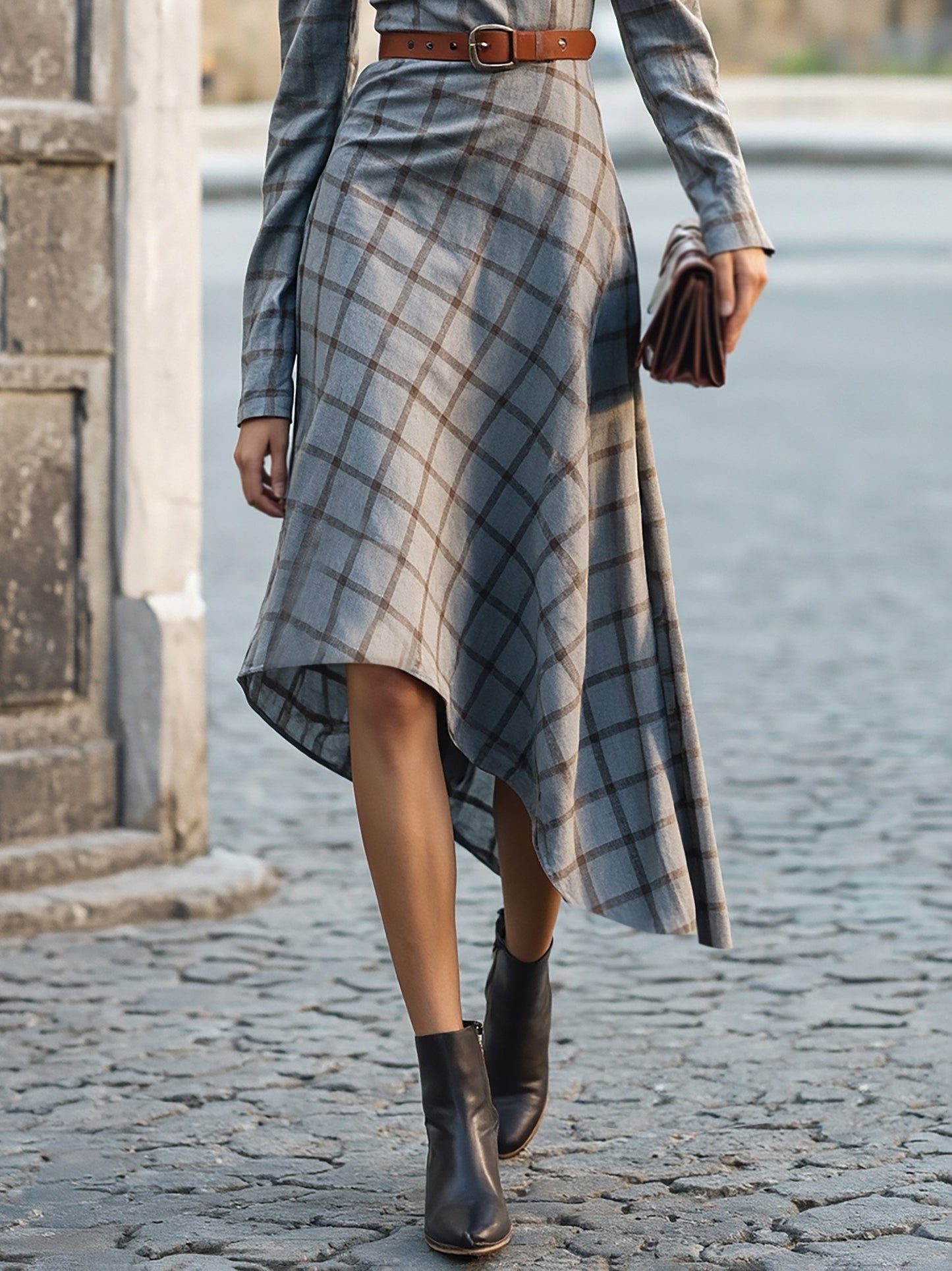 Midi Linen Dress, Long Sleeves, Stand Collar, Plaid, Belt Design, Vintage, Gray
