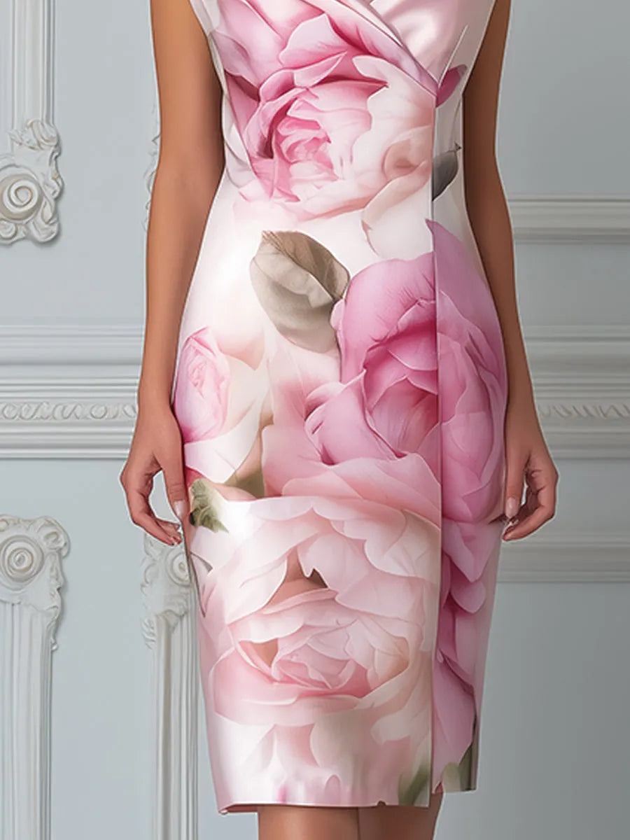 Elegant Floral Shawl-Collar Sheath Dress