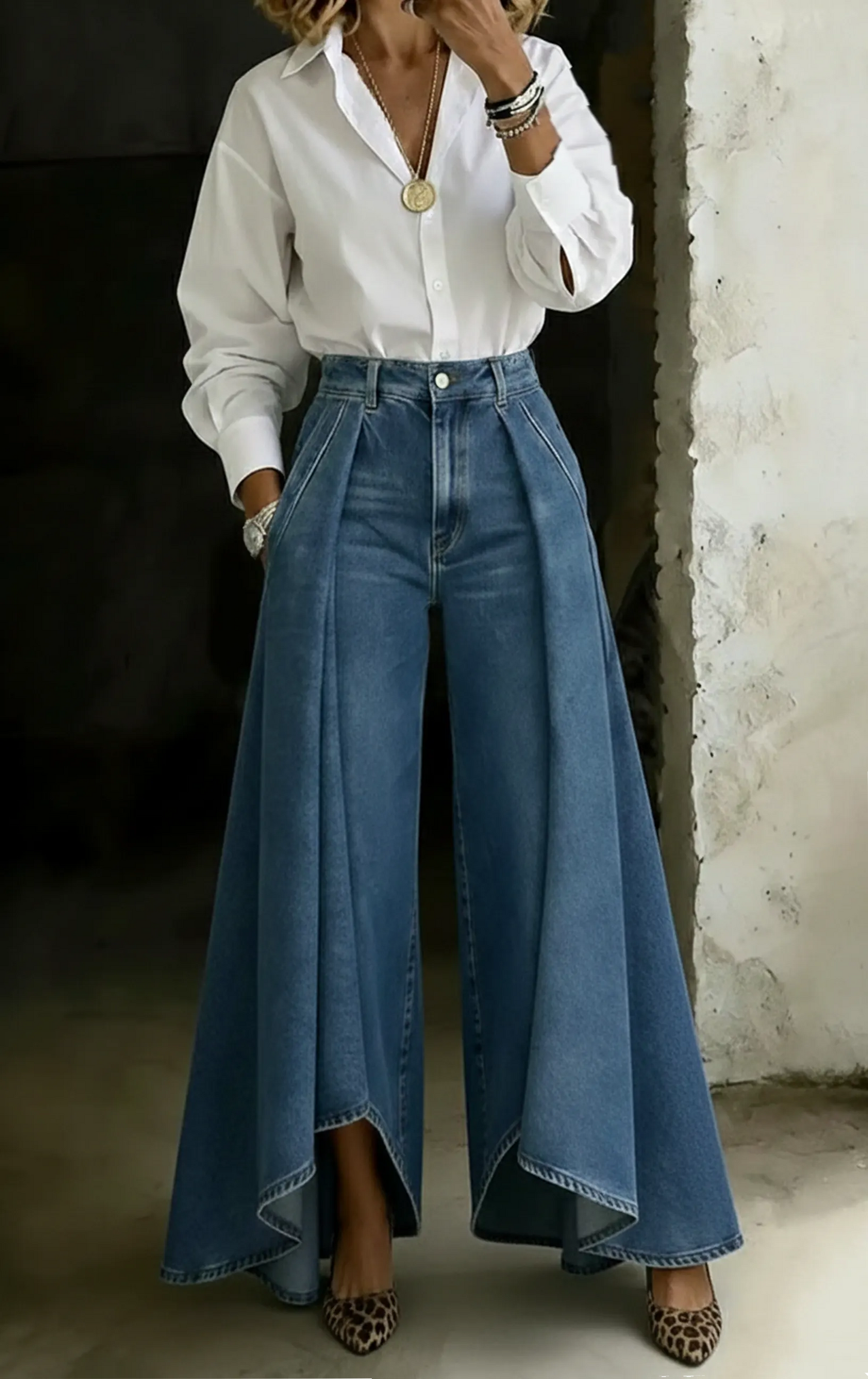 Women's Fashion Design High-waisted Casual Loose-fitting Wide-leg Jeans