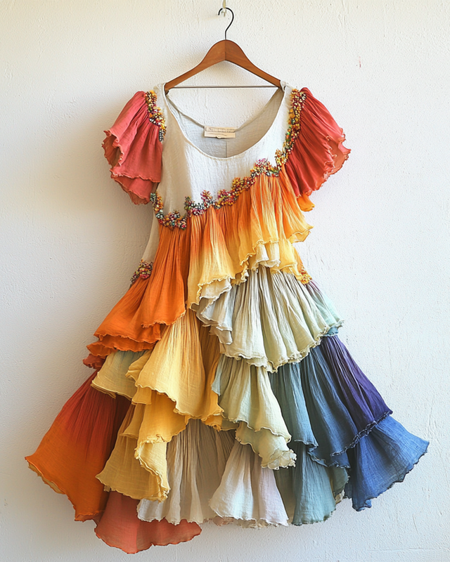 Summer Rainbow Patchwork Beaded Ruffle Dress 6f2f