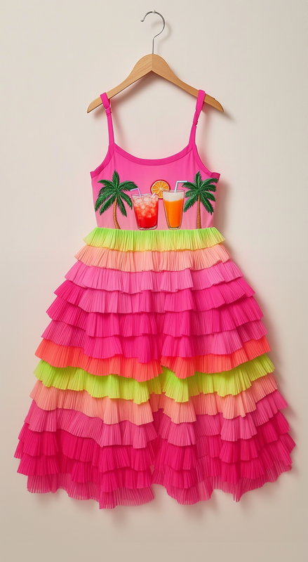 Summer fashion pink and green contrast ruffled suspender dress 170a