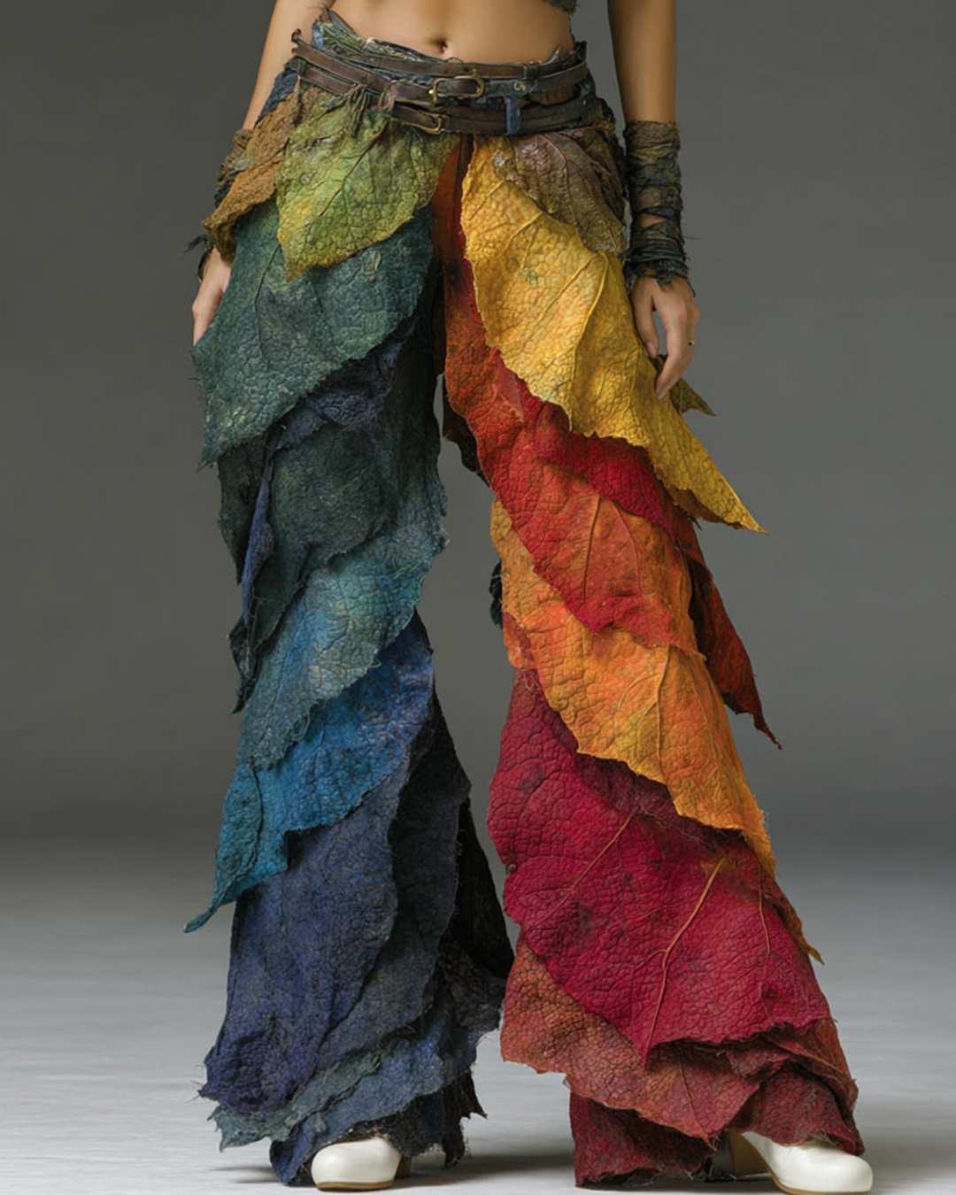 Women's Spring Asymmetric Leaf Patchwork Design Trousers 1066