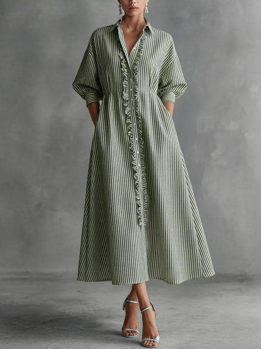 Casual Ruffled Striped Shirt Dress