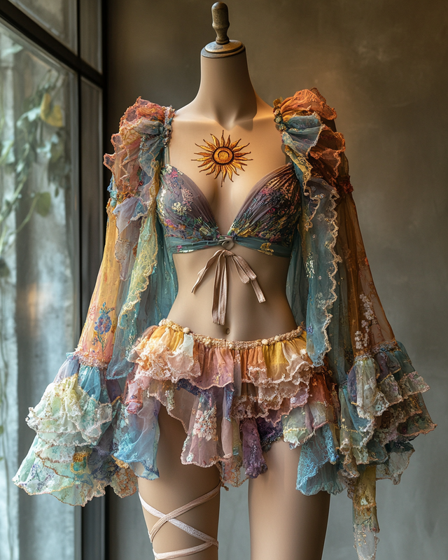 Sexy and elegant ruffled top + skirt + kimono three-piece swimsuit 04b2