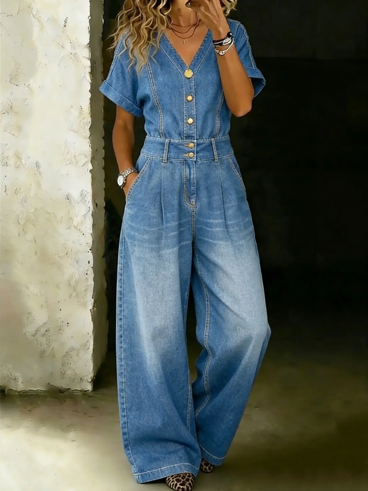 Women's Fashionable V-neck Button-down High-waisted Wide-leg Denim Jumpsuit