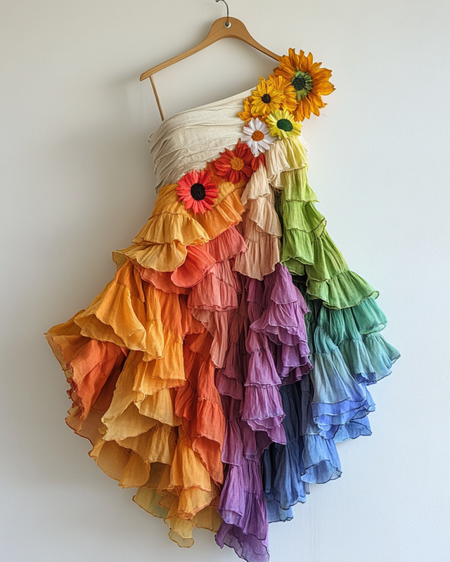 Rainbow Floral Embroidery Ruffled One Shoulder Dress ded6