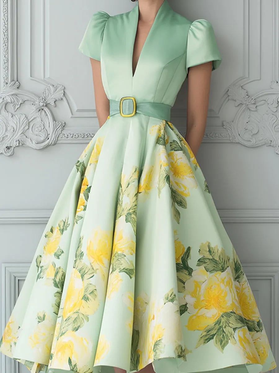 Green Floral Midi A-Line Dress With Belt And Puff Sleeves