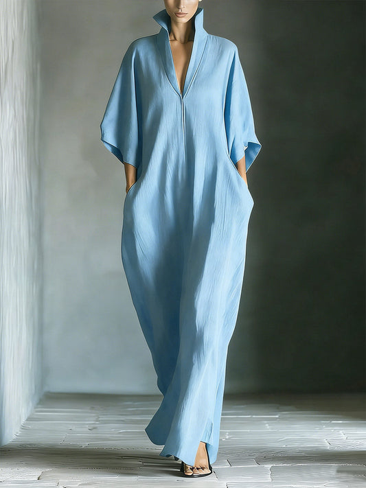 Women's Solid Color Stand Collar 3/4 Sleeve Casual Loose Cotton Linen Dress