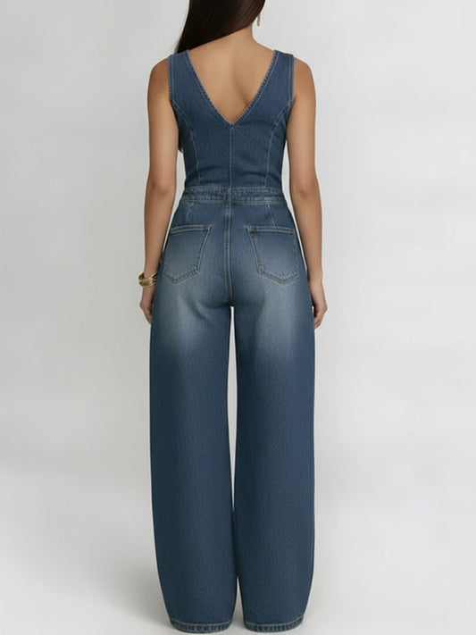 Women's V-neck Sleeveless Casual Loose Denim Wide-leg Jumpsuit