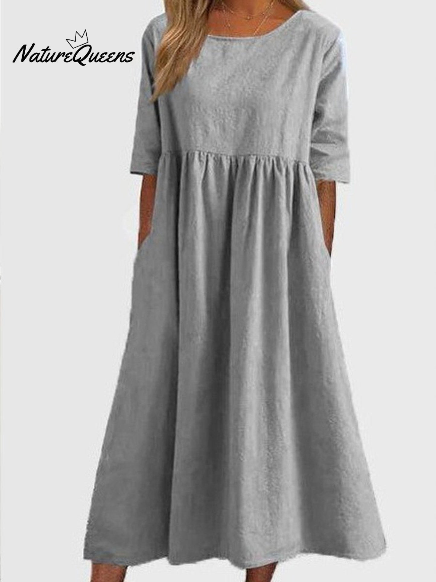 Cotton And Linen Casual Short Sleeve Pocket Pleated Loose Round Neck Dress