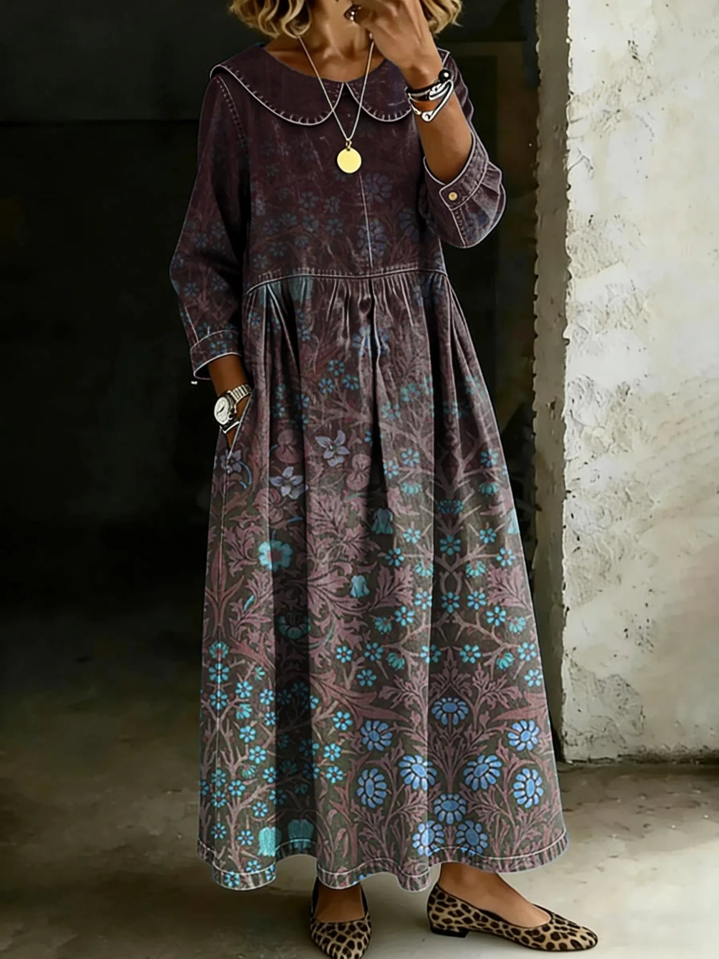 Women's Retro Multicolor Gradient Ethnic Floral Splicing Long-sleeved Loose-fitting Casual Denim Dress