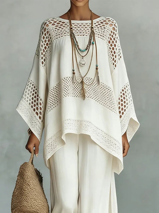 Women's Vintage Ethnic Art Comfortable Loose Cotton Linen Wide-leg Pants Two-piece Set