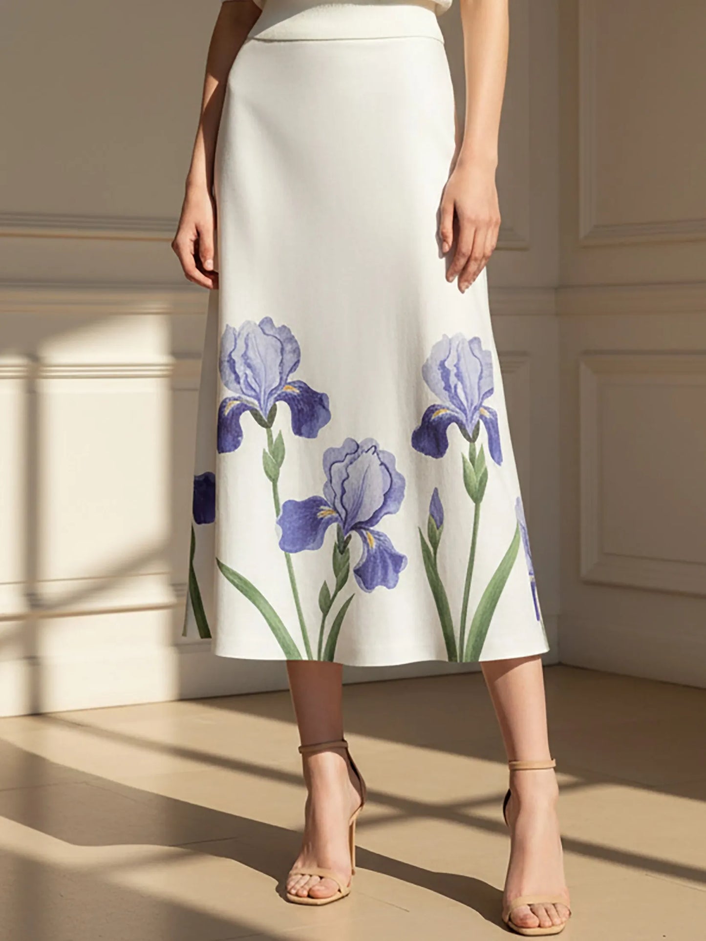 Midi Linen Skirt, Floral, Vintage, White