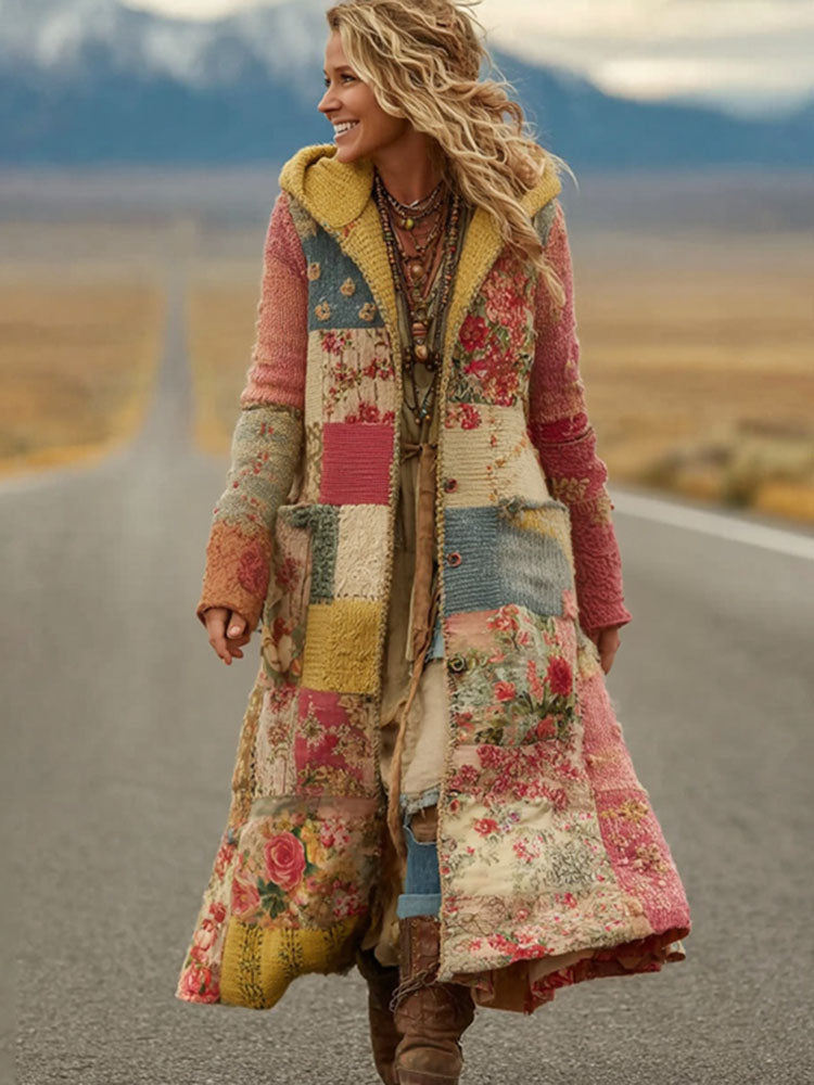 Women's Vintage Patchwork Floral Art Cozy Knit Hooded Long Cardigan