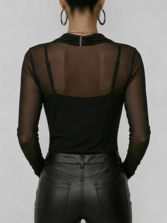 Women's Swing Neck Long-sleeved Casual Loose-fitting Sheer Mesh Top