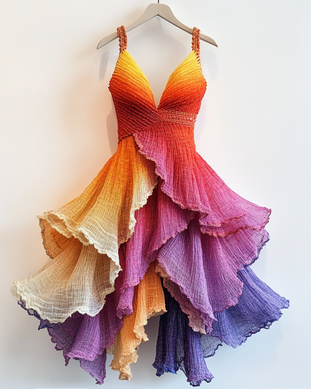 Summer Rainbow Gradient Ruffle Suspender Dress 896c