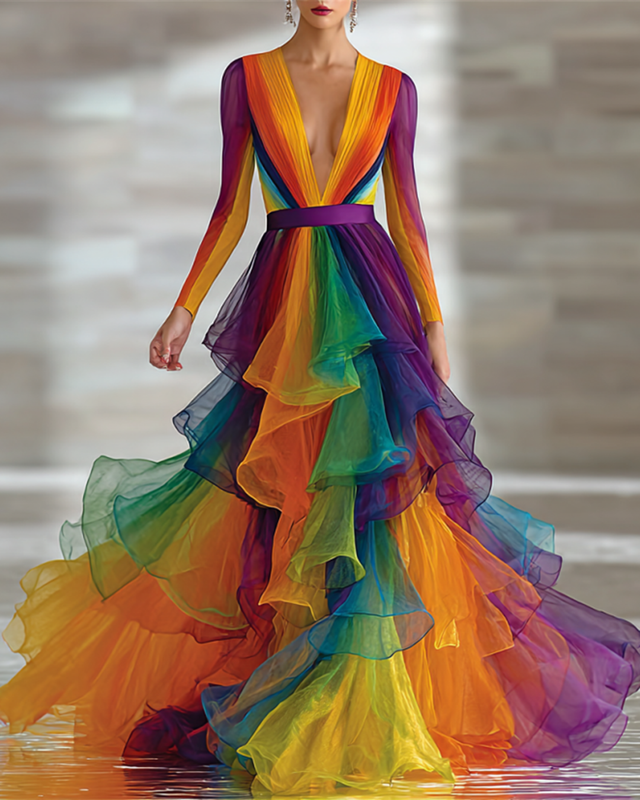 Women's fashionable bright rainbow tie-dyed cotton and linen dress 8587