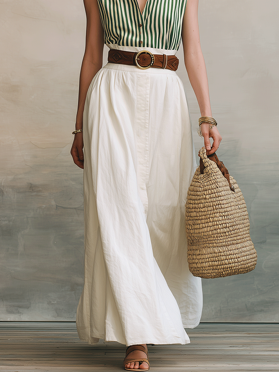 Effortless Boho Striped Top & White Maxi Skirt Set