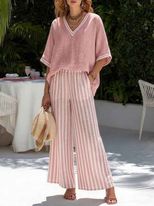 Casual Two-piece Set: Striped Linen & Cotton Patchwork Top And Striped Trousers— Look Put Together in 5 Seconds