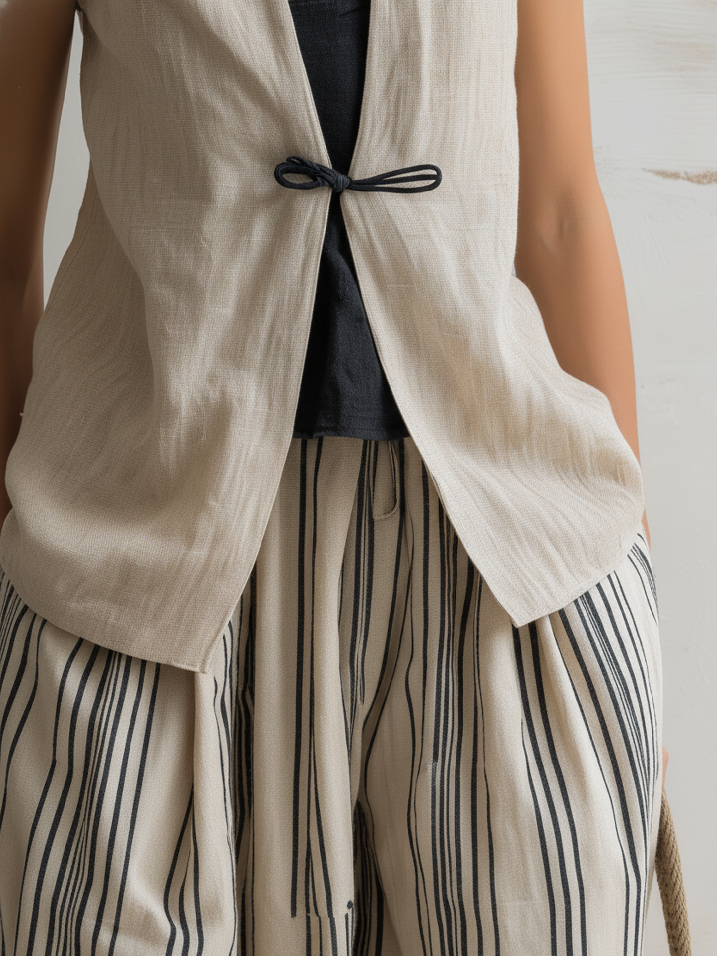 Linen Vest & Striped Harem Pants Two-Piece Casual Set (Inner Top Not Included)