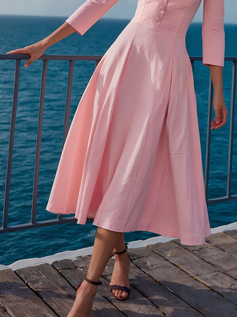 Midi Cotton Dress , Half Sleeve, V Neck, Plain, Button Design, French Vintage, Pink
