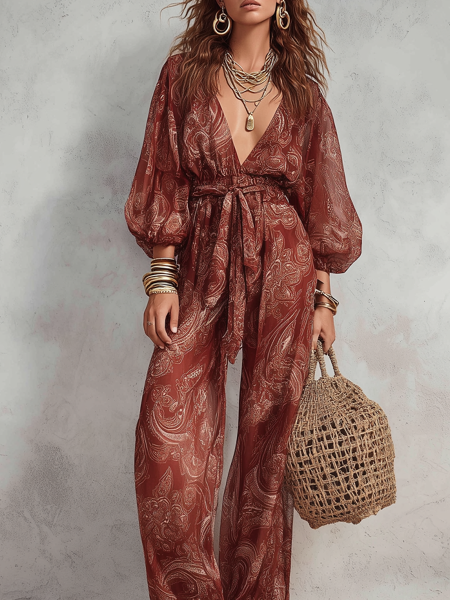 Brick Red Paisley Print Jumpsuit